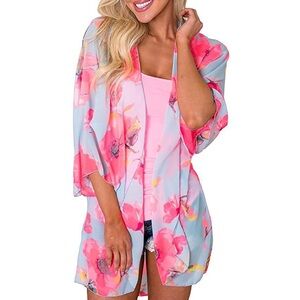 Light Blue Floral Kimono Cardigan with Pink Blooms